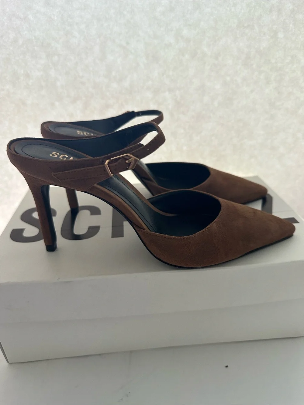 SCHUTZ Brown Suede Pointed-Toe Slingback Heels